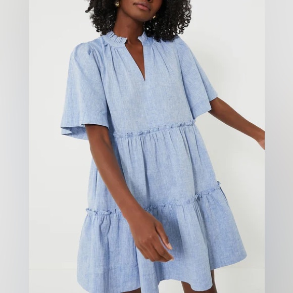 Tuckernuck Chambray Crawford Linen V Neck Flutter Sleeve Tiered Dress Small EUC - Picture 2 of 9